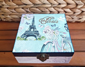 Turquoise Shabby Chic Paris wooden box, Keepsake French box, Eiffel Tower storage box, Paris lover romantic gift,