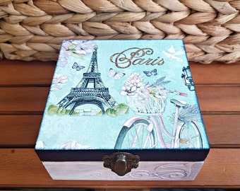 Paris-Themed Aufbewahrungsbox, handgefertigte Schmuckschatulle mit Eiffelturm und Fahrrad aus Holz