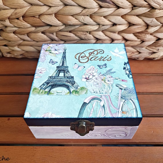 Turquoise Shabby Chic Paris Wooden Box, Keepsake French Box Turquoise Shabby Chic Paris Wooden Box, Keepsake French Box