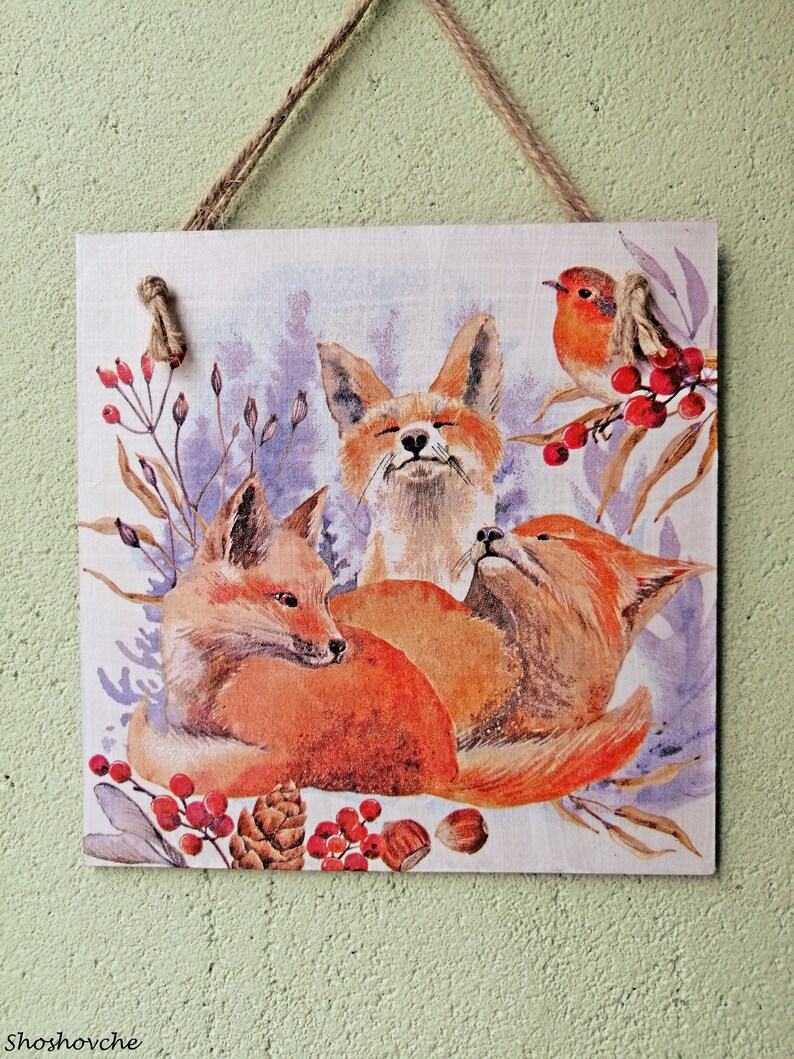 Red Fox Family Wall Decor, Forest Animals Gift Art, Wooden Kitchen