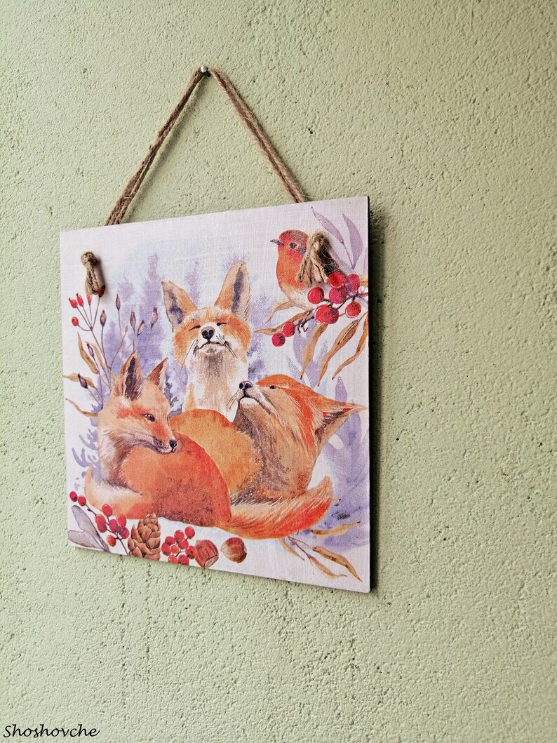 Red Fox Family Wall Decor, Forest Animals Gift Art, Wooden Kitchen