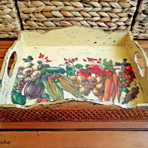 Wooden Rustic vegetable market tray, Country kitchen carrot/onion/tomatoes/corn/garlic/hips/papers farmhouse art, Decoupage serving tray