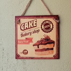 Cake wooden hanging plaque, Bakery retro wall sign, Bakery wall art, Country wall decor, Cake art print, Cook lover gift, Decoupage