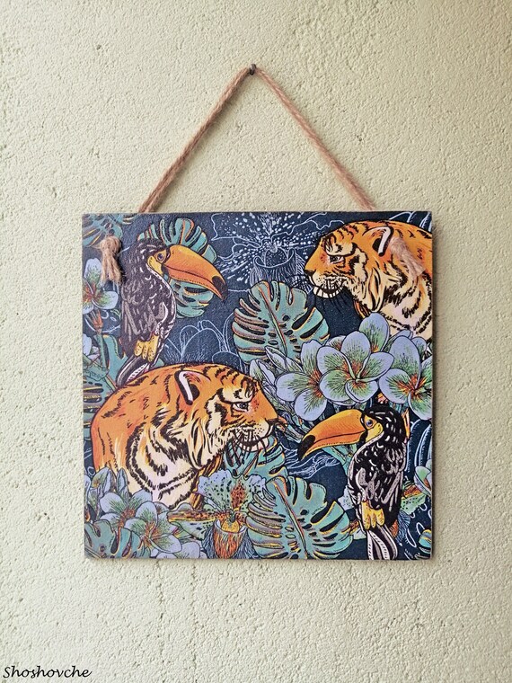 Tiger wall art, Wildcat kitchen plaque, Wild animal Kitchen sign, Tropical wall art, Animal lover gift, Tiger print, Decoupage picture