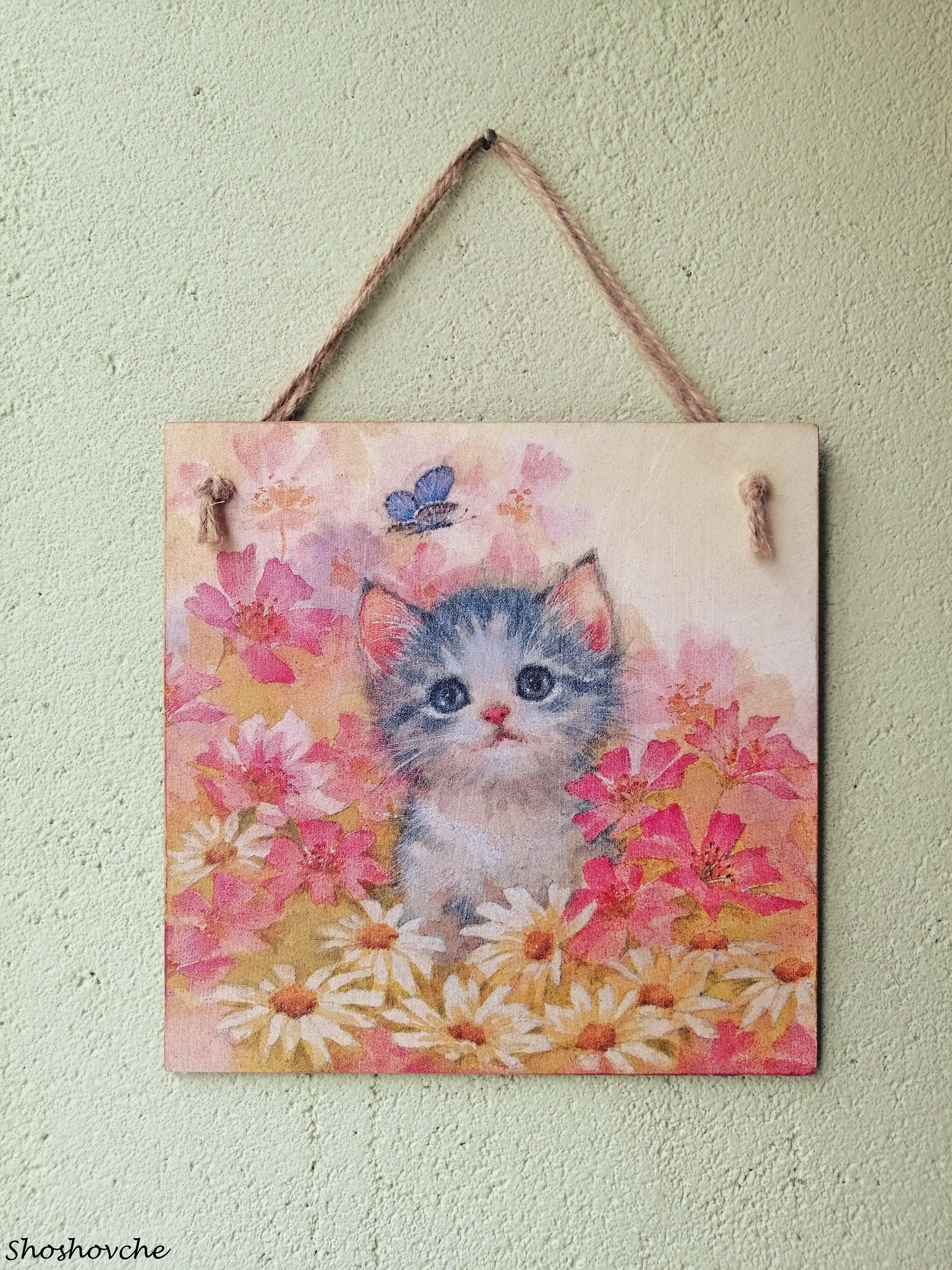 Cute Kitten Wall Art for Girl Room, Handmade Wooden Cat Wall Hanging ...
