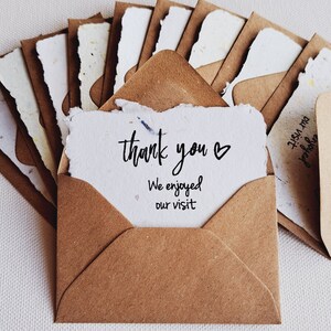 10 Mini Guest thank you Cards with Envelopes, Handmade Recycled Paper appreciation messages for host, guests, patrons, restaurants, visitors