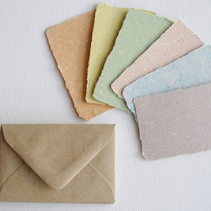 Llama Poo Paper Cards. 6 x Coloured mini handmade recycled paper gift cards 2 x 3 inch with llama poo and plain brown envelopes