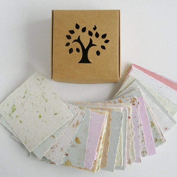 Box of Note Paper. 50 Handmade small sheets. 3 inch sqaure Recycled Note Paper. Gift Boxed. Deckle edge and Hand Torn pieces