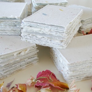 30 x Hand-made Recycled Paper Pieces 2 x 3", Small Hand Torn / Deckle Edge Sheets, Handmade Pieces with Petals in Neutral Tones