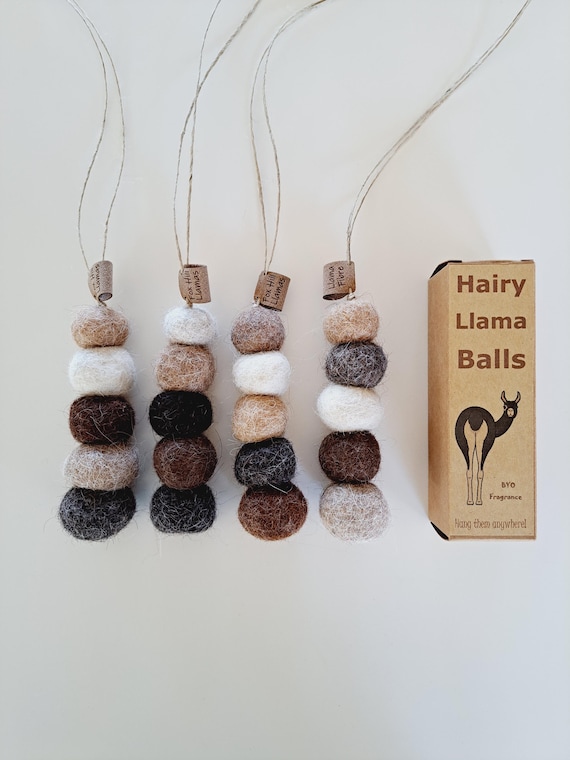 Hairy Llama Balls. Handmade Felt dangle car accessory. Hang it anywhere. BYO fragrance oil or scent. Packaged for gifting, under 20