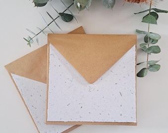 5 Sheets of 6x6 inch Handmade Recycled Paper with grass / lawn with square brown envelopes