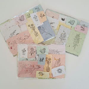 May include: A selection of handmade paper cards in pastel shades of pink, yellow, and green. Each card is adorned with intricate black ink illustrations of flowers, butterflies, and botanical designs. The cards are presented in transparent packaging.