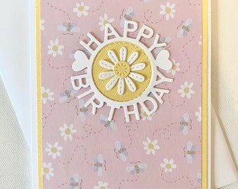 Pink and Yellow Birthday Card with Flowers and Bees