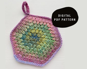 Digital Pattern ~ Retro Hexagon Pot Holder, Trivet, Hot Pad, kitchen heat protector, vintage camper, 70s colour pop, boho chic crochet
