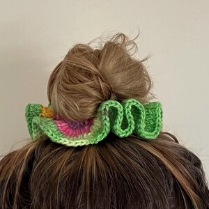Cotton Scrunchie ~ Crochet Handmade ~ Bohemian Chic Cottage Core Rainbow Hair Accessories ~ colourful Festival Vibe Damson Madder Style knit