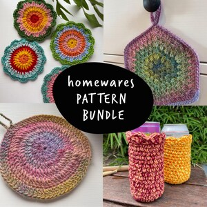 May include: A set of crochet homeware patterns, including coasters, a pot holder, and can cozies. The patterns feature a variety of colors and designs.
