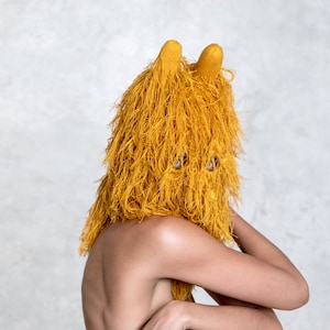 RAMBUT GOLD BALACLAVA - Yellow Furry Hairy Snowboard Face Mask - Festival Open Mouth Mask - Rabbit Ear / Yeti Headpiece Costume - Bday Gift