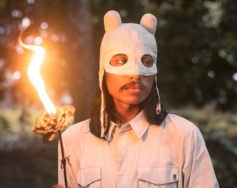 Handmade Horned Animal Roo Aviator Mask: Stretch Canvas Balaclava - White