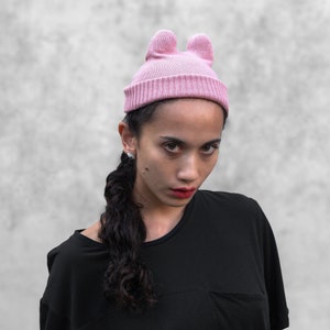 Pink Beanie with Ears - Rave Hat - Cool Pink Cotton Knit Socky Cap - Mini Rabbit Ears - Silly Gift Idea - Pink Skullcap - MINI SOCKY