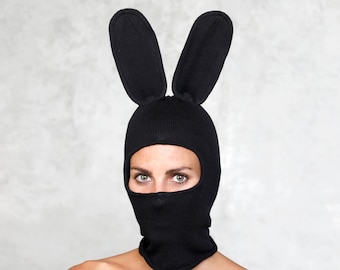 Black Bunny Balaclava Mask: Cotton Knit Rabbit Ear Ski Mask