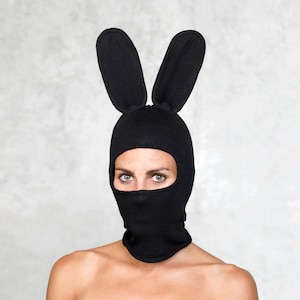 Black Bunny Balaclava – Knit Cotton Rabbit Mask with Bendable Ears, Unisex Festival Ski Mask