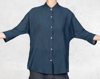 LUNA Women's Button Down Blouse - Japanese Indigo Blue Silk Cotton Blend Shirt - Handmade High Fashion - Lightweight Shirt - Brass Buttons