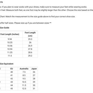 May include: A shoe size guide with measurements in inches and centimeters. The guide includes US sizes 8-13, with corresponding foot lengths in inches ranging from 9.94 to 11.5, and in centimeters from 25.3 to 29.2. Also includes a shoe size equivalent chart.