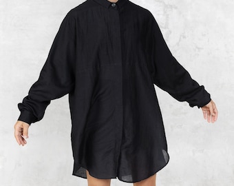 Camisa gótica transparente de manga larga hecha a mano de seda fantasma con botones - Negra