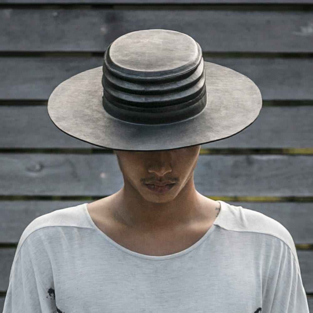 Verge - Black Leather Ridged Hat - Cordovan Hat with Hand Formed Ridges - Wide Brimmed Flat Top Leather cordobés - Blamo - Post Apocalyptic