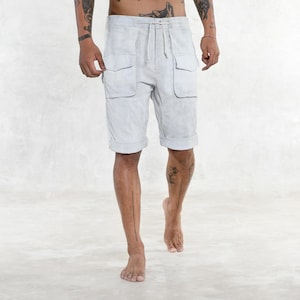 Bone White Hand Painted Stretch Twill Cotton -6 Pocket Cargo Shorts -Ethical Designer Streetwear - Handmade Gift for Men- GRIT MEN&#39;S SHORTS