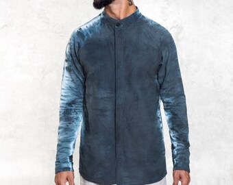Indigo Blue White Tie-Dye Silk Cotton Long Sleeve Button Up Shirt -Brass Buttons - Japanese Boho Clothing - Handmade Kaftan -MIST BUTTON UP
