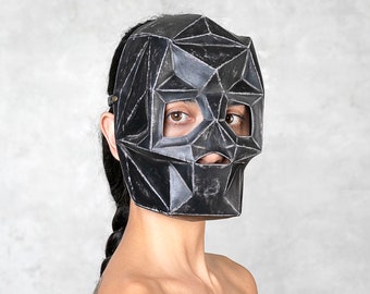 Sale! Black GEOMETRIC SKULL MASK- Hand Formed Leather Skull Mask - Skeleton Halloween Costume - Futuristic Mask - Masquerade Headpiece
