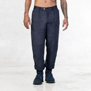 INDIGO LINEN Pants w/ button waist - Men&#39;s Indigo Blue Linen Classic Pant - Linen Suit Pants w/ Pockets - Japanese Style Streetwear