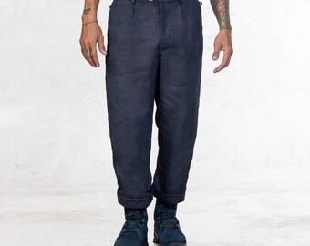 Handmade Indigo Linen Pants: Men's Japanese Streetwear with Pockets