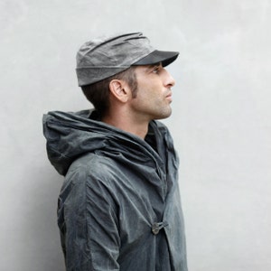 FIELD CAP - Gray and Black Brimmed Hat  - Unisex Blamo Beeswaxed Canvas Leather Kepi Hat - Lightweight Mens Military Cap Hat - Holiday Gift