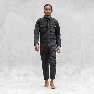 Black Work Jumpsuit – Hand Painted Stretch Canvas Coveralls – Minimal Utility Boiler Suit – Durable One Piece – Gordon