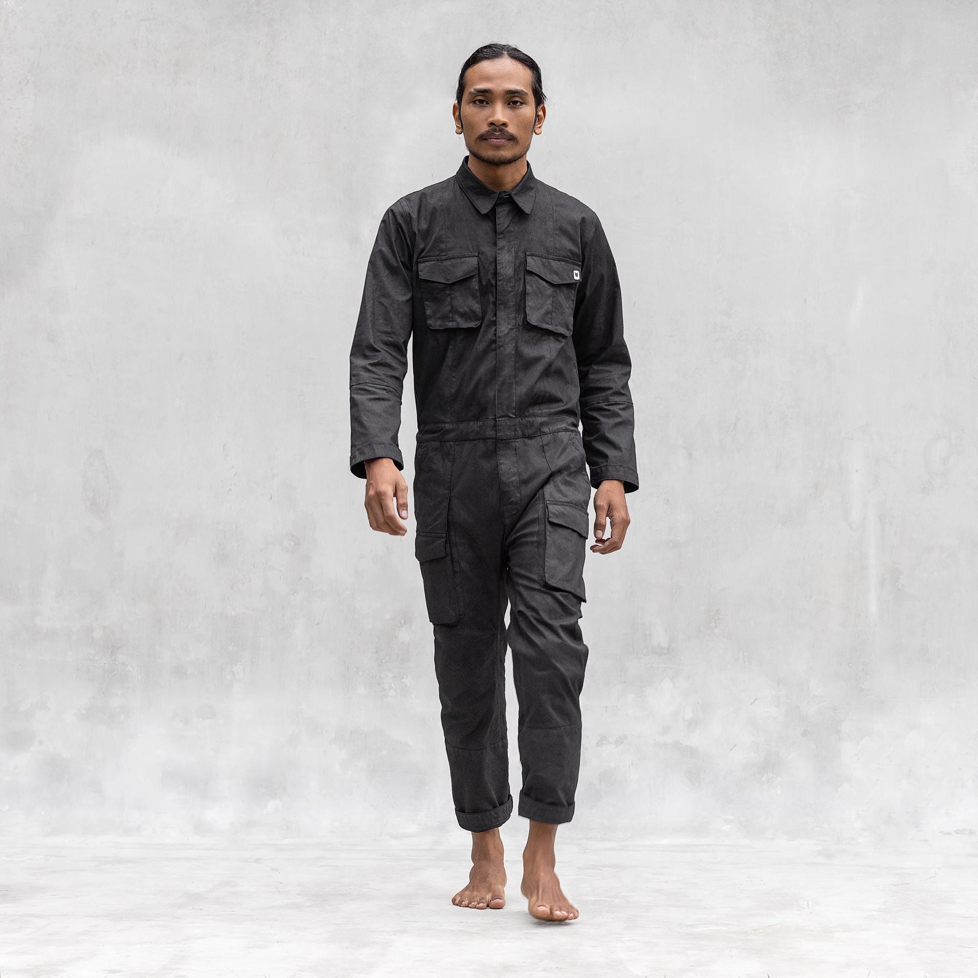 Black Work Jumpsuit – Hand Painted Stretch Canvas Coveralls – Minimal Utility Boiler Suit – Durable One Piece – Gordon