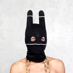 SOCKY BALACLAVA - Black and White Striped Snowboard Mask - Stuffed Ear Ski Mask - Closed Mouth Balaclava - Fashionable Ski Mask with Ears