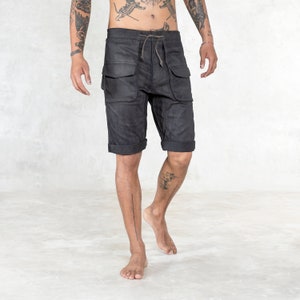 GRIT MEN&#39;S SHORTS - Black Walnut Hand Painted Stretch Twill Cotton -6 Pocket Cargo Shorts -Designer Streetwear - Handmade Gift for man