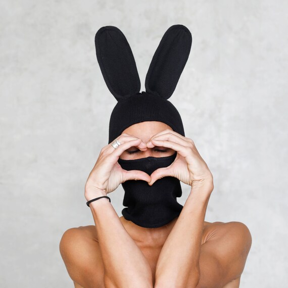 Black Bunny Balaclava – Hand Knit Cotton Rabbit Mask With Bendable