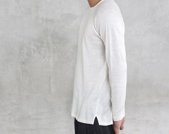 White Linen Long Sleeve Shirt – Handmade Unisex Crew Neck Tee – Lightweight Raglan Fit – Natural Fabric Streetwear Top – Apex