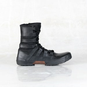 Black Leather Lace-up Sneakers - Men's Leather shoe w/ Recycled Tire Sole - Punk Streetwear - Lightweight High Top Boots - BLACK FLIGHT SHOE