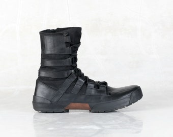 Handmade Leather and Canvas Lace-Up Flight Shoe: Men's Black Brown High Top Sneaker Boots