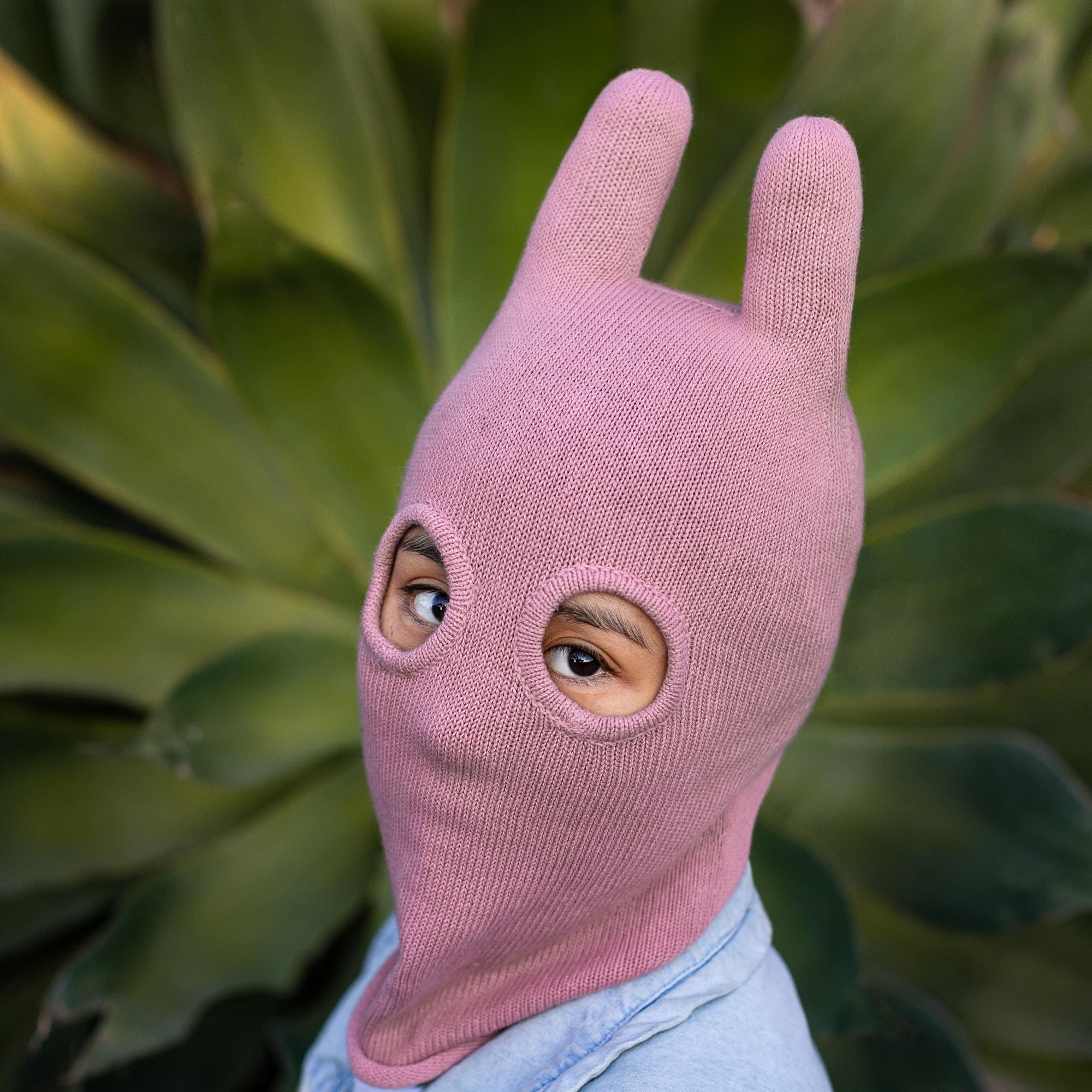 Handmade Pink Bunny Socky Balaclava: Knit Cotton Adult Animal Mask