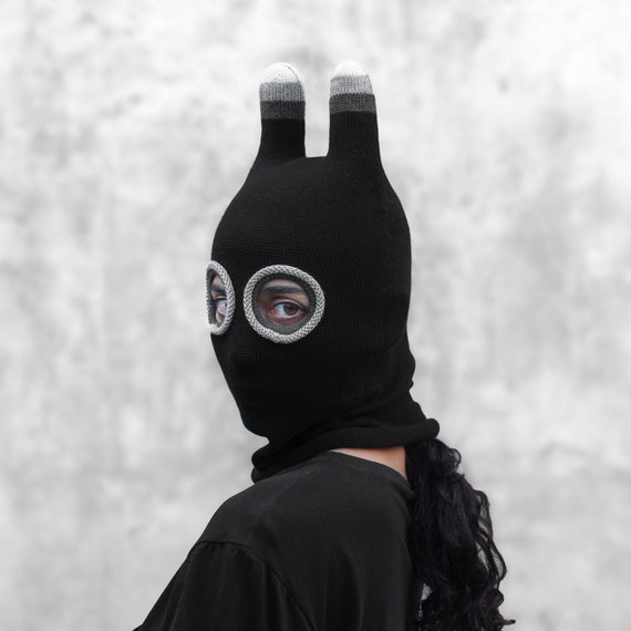 AMERICAN MADE ADULT COTTON BLACK SKI FACE MASK HOOD 2 LARGE EYES USE W GOGGLES 