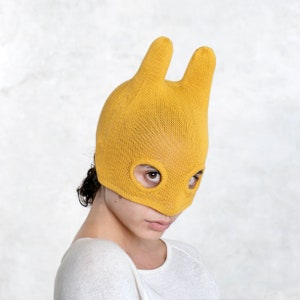 GOLD HALF SOCKY Balaclava - Horned Halloween Beanie Hat - Handmade Ski Mask w/ Bunny Ears -Rabbit Ears -Balaclava Mask - Warm Winter Mask