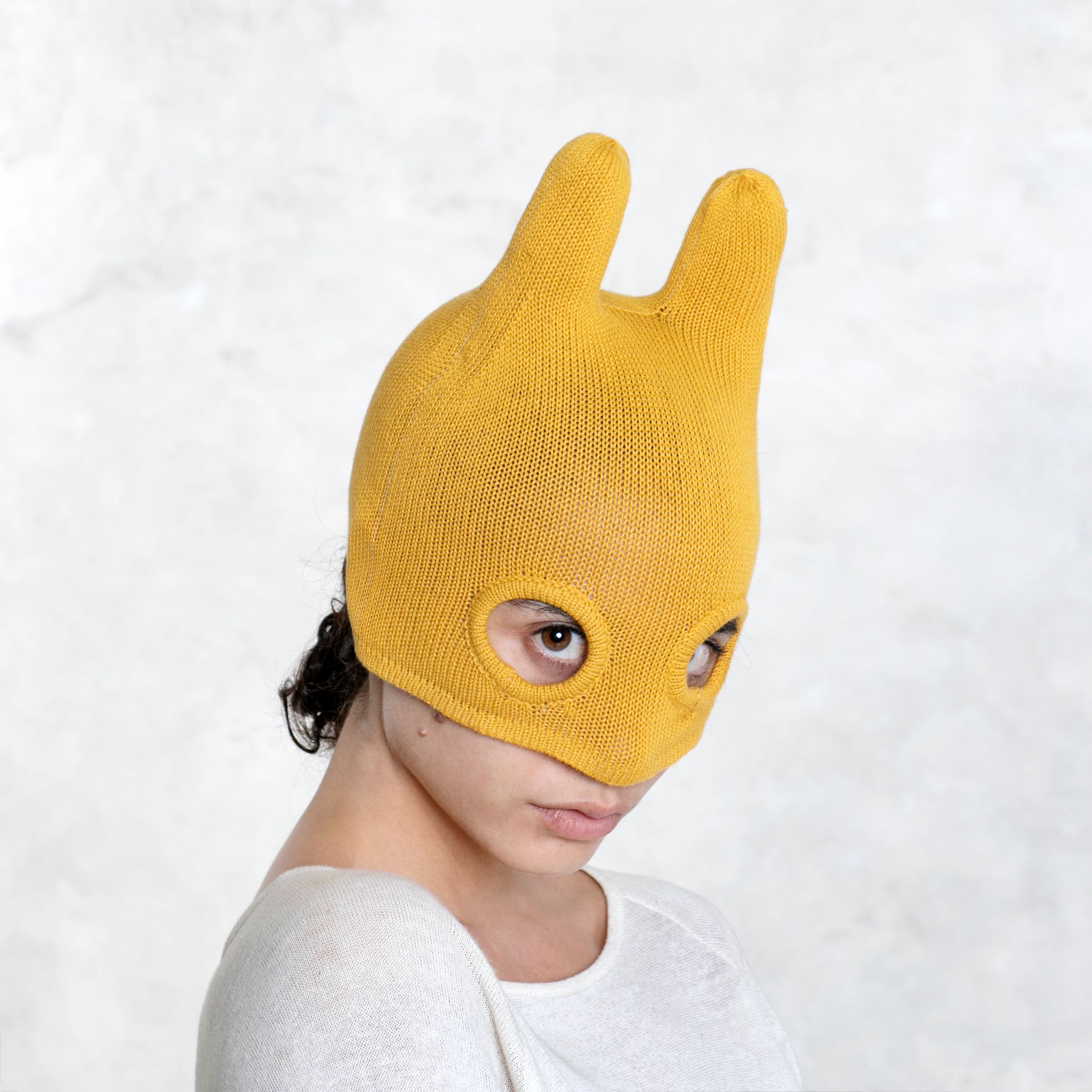 Hand Knit Horned Half Balaclava: Mango Gold Cotton Ski Mask With