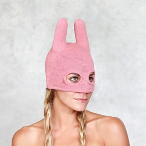 SOCKY HALF MASK- Pink Horned Balaclava - Knit Stocking Cap - Halloween Monster - Rabbit Ears - Pink Kigurumi Bunny Mask - Festival Attire