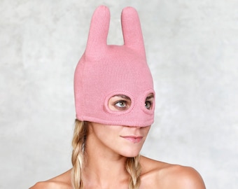 Cagoule rose à cornes : masque de lapin en tricot de coton, festival Kigurumi