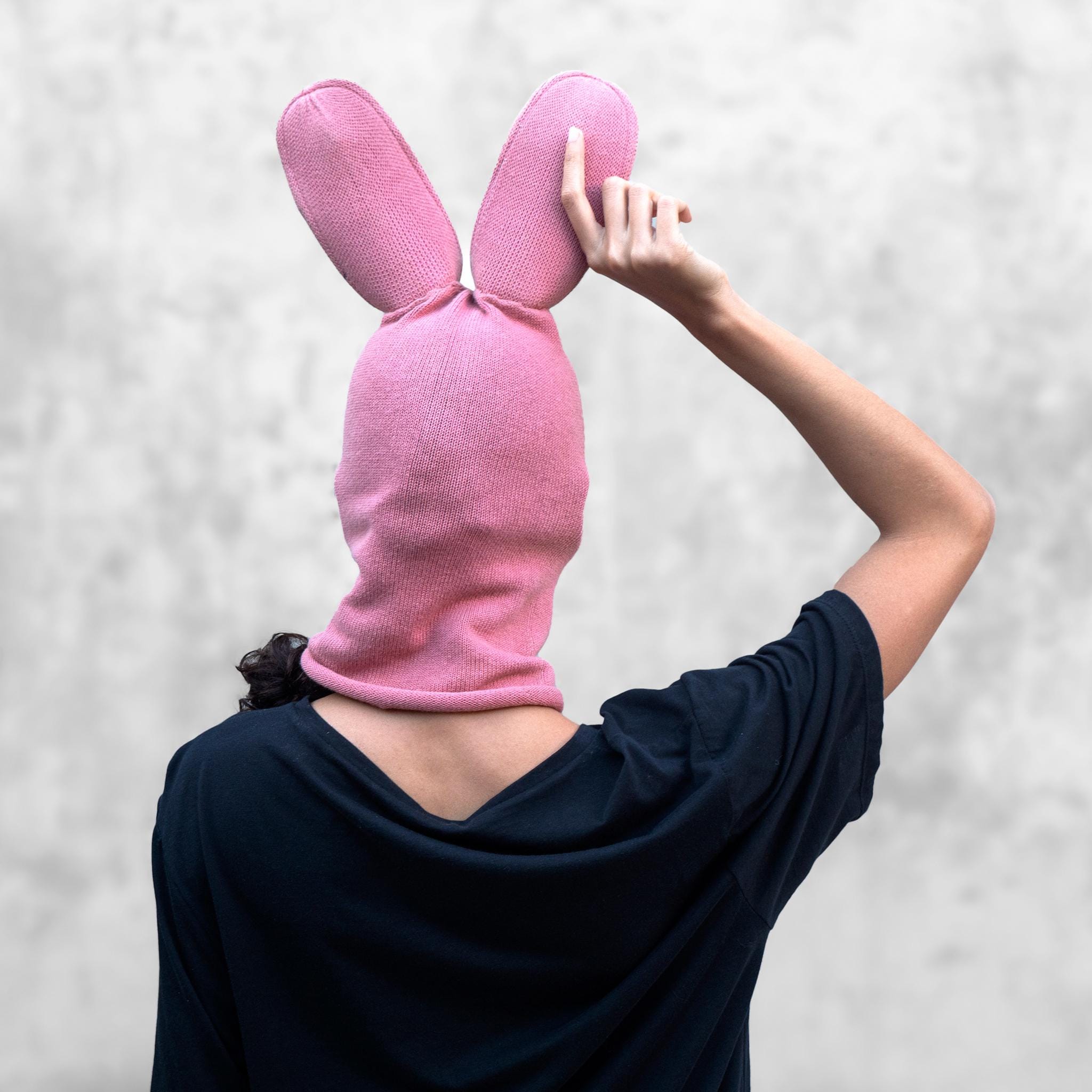 Black Bunny Balaclava – Knit Cotton Rabbit Mask With Bendable Ears